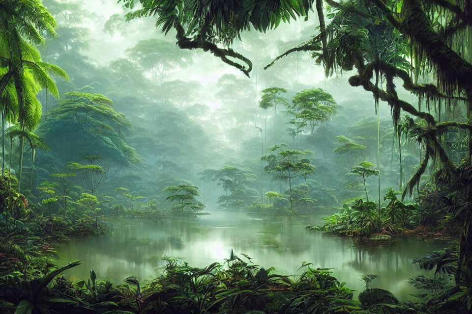 Tranquil rainforest scene with lush green trees and calm river