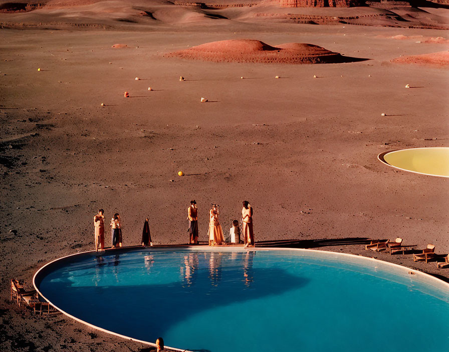 Group of people by bright blue pool in barren landscape with sun loungers and yellow ball