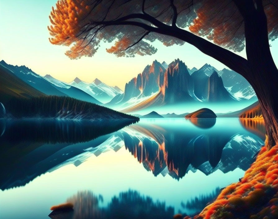 Tranquil landscape with lake, mountain range, and vibrant tree.