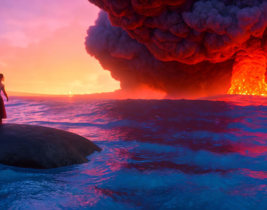 Person watching volcanic eruption by ocean at dusk