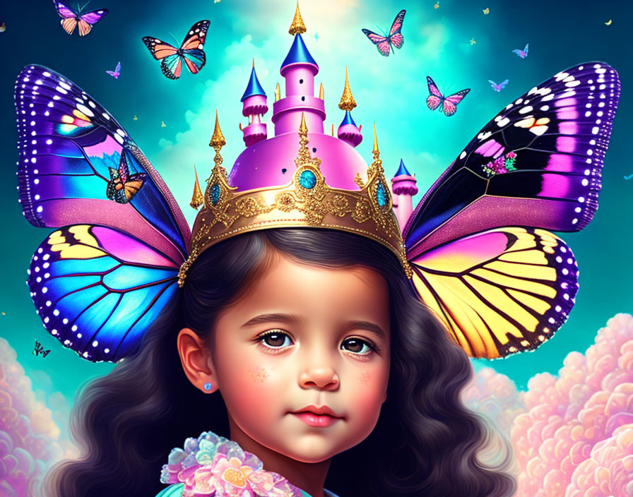 Young girl with colorful butterfly wings in fantasy setting with pink castle