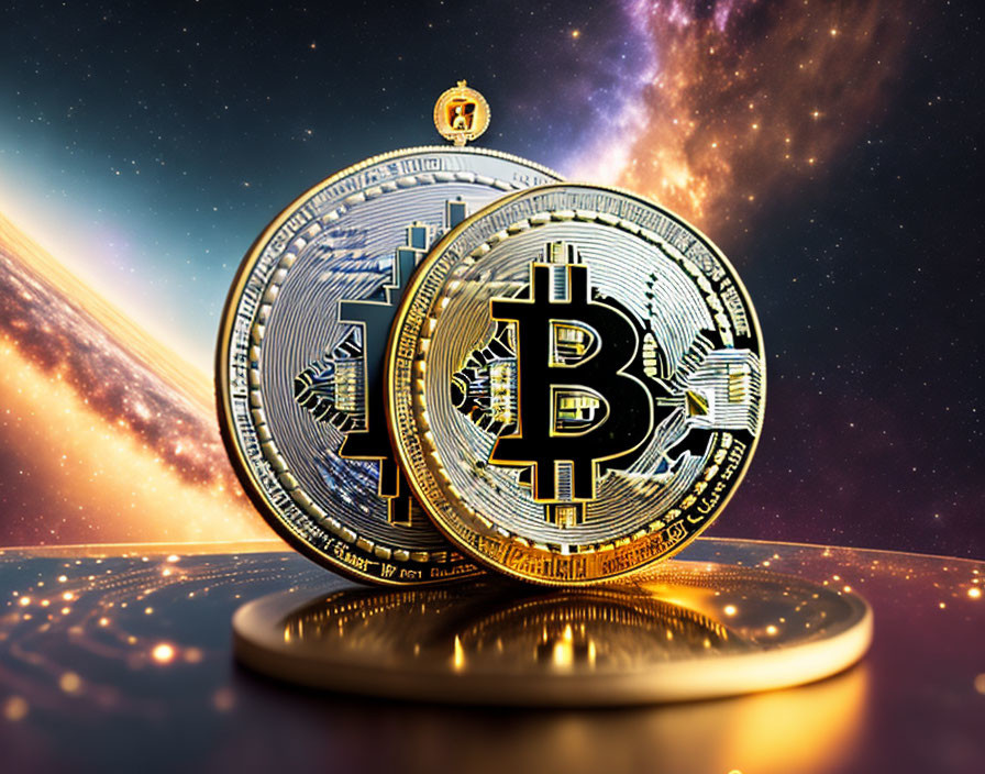 Enlarged Bitcoin token against cosmic background symbolizing innovation