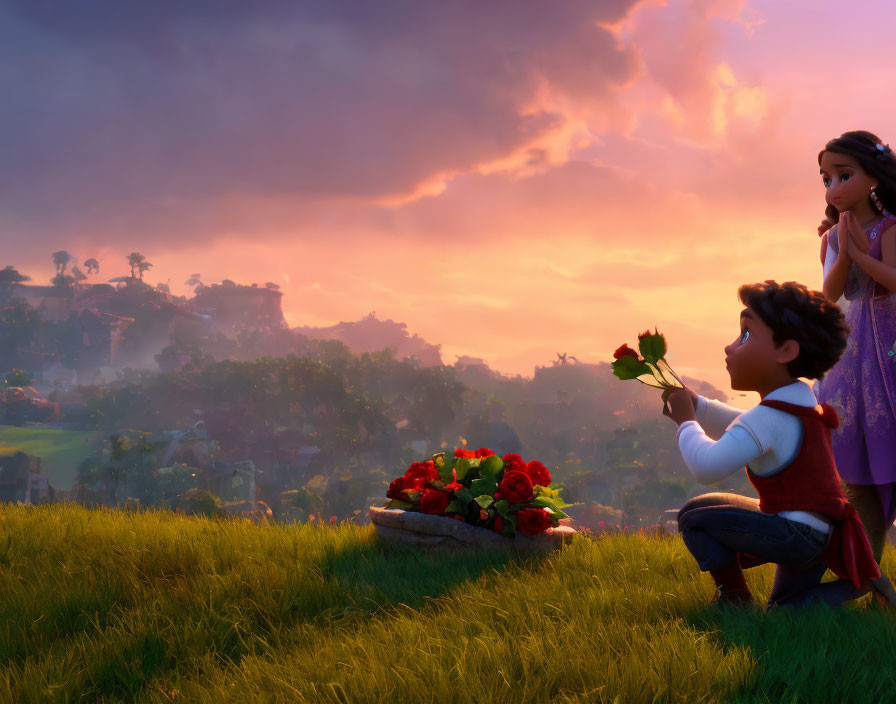 Boy kneeling presents rose to girl in picturesque sunset scene