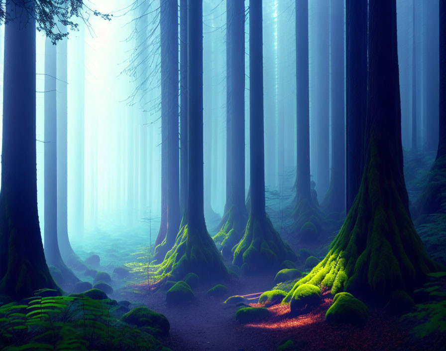 Enchanting forest scene with tall trees, blue haze, sunlight, and moss-covered ground