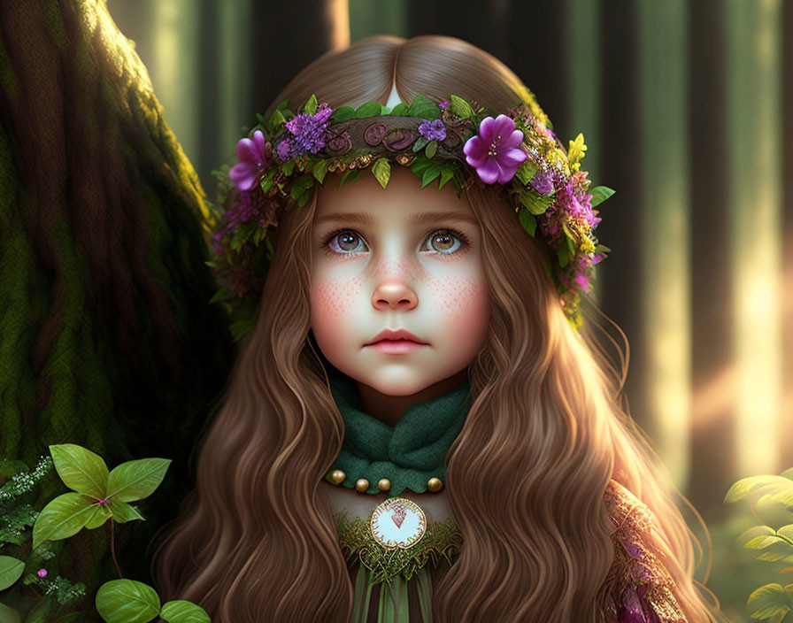 Young girl with floral crown, wavy hair, freckles, blue eyes in mystical forest