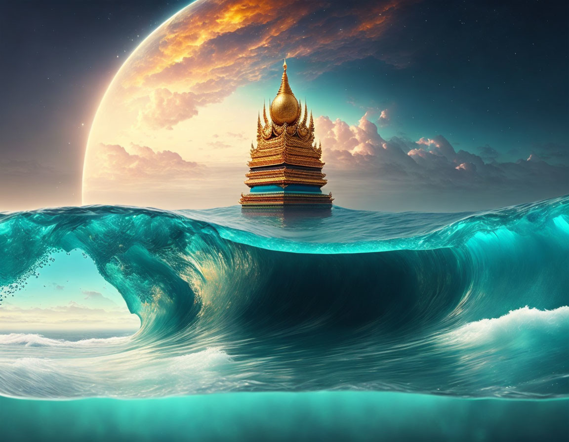 Temple atop cresting wave under dramatic sky with rising planet.