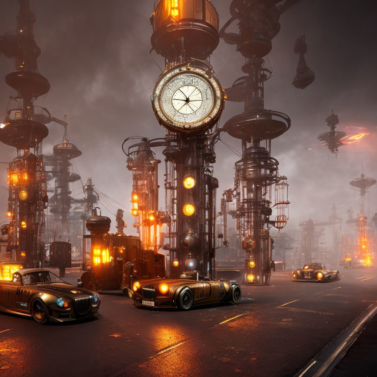 Dystopian city scene at dusk with retro-futuristic vehicles and towering structures