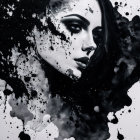 Monochromatic portrait of woman with dramatic makeup and abstract ink splatters
