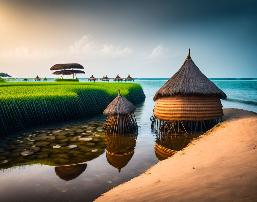 Tranquil pond with thatched-roof huts, umbrellas, golden sunset, reflection,