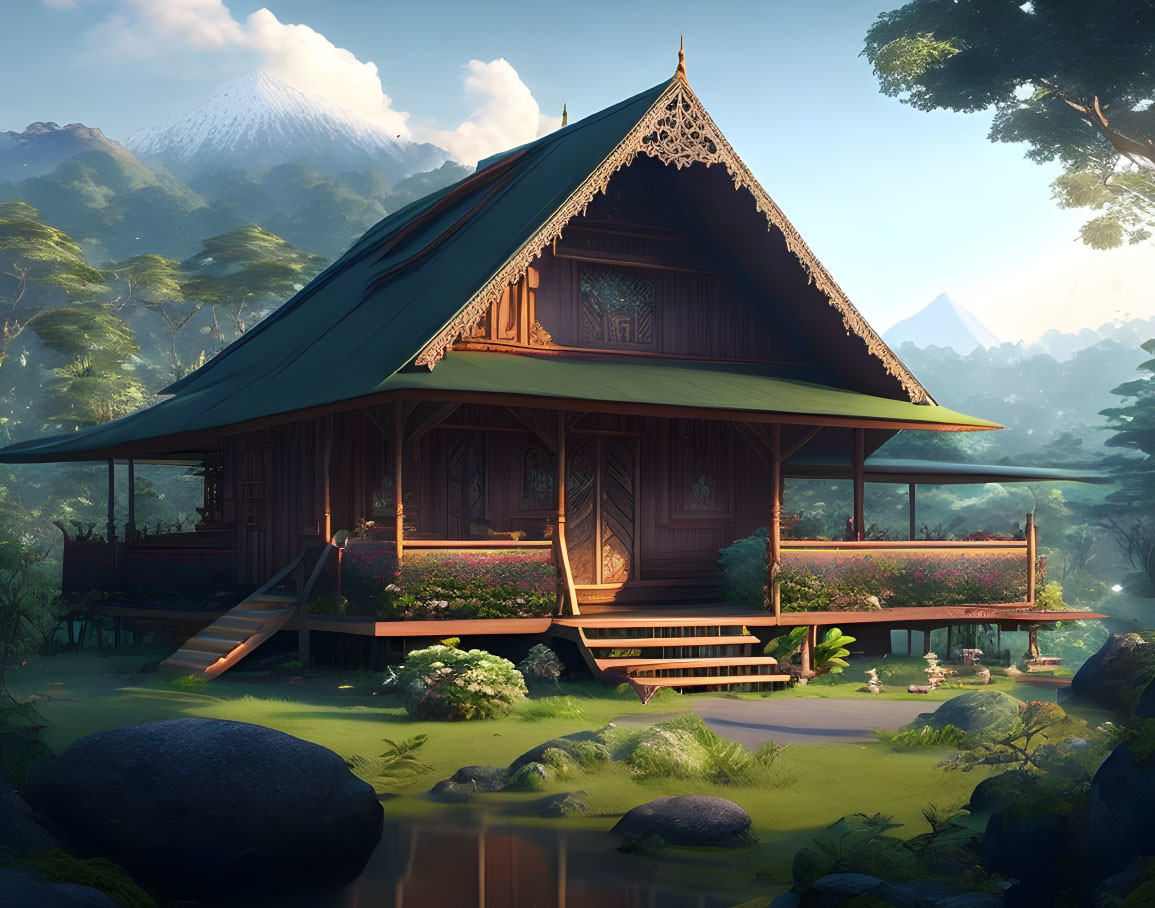 Traditional Wooden House with Gabled Roof and Mountain View