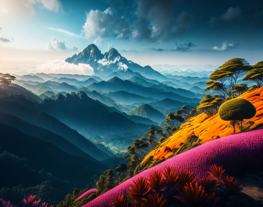 Scenic sunrise landscape with layered mountains, vibrant flowers, and misty valley.