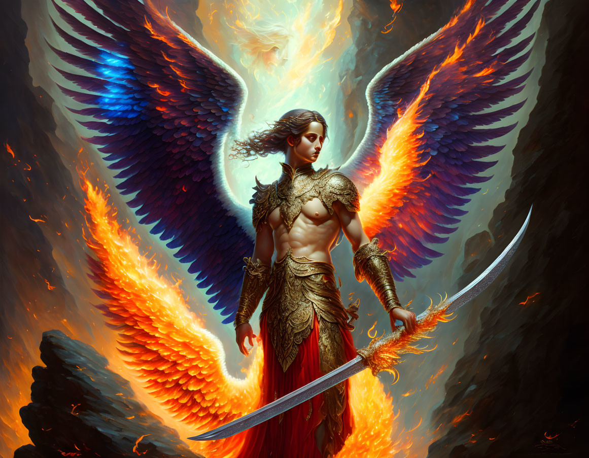 Fiery-winged angel warrior in golden armor amidst dramatic light and shadow