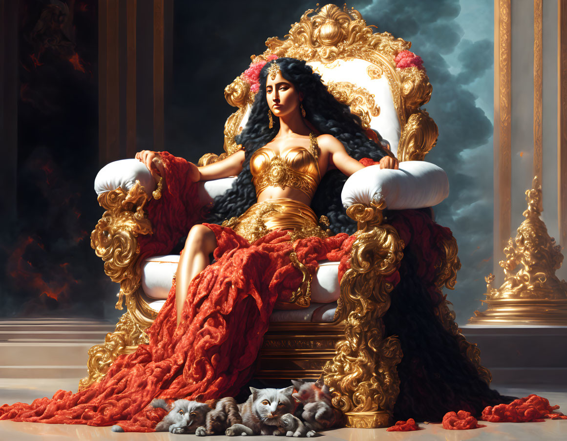 Dark-Haired Woman on Ornate Throne with Cats