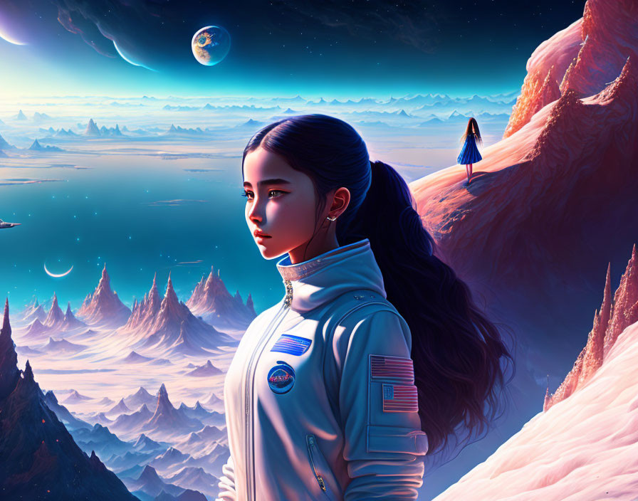 Digital artwork: Female astronaut on alien planet with mountains, figure, and moons