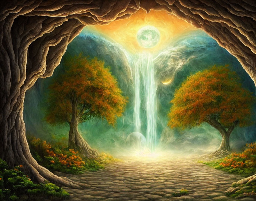 Mystical forest scene with waterfall, orange-leaved trees, stone path, and moonlit cave