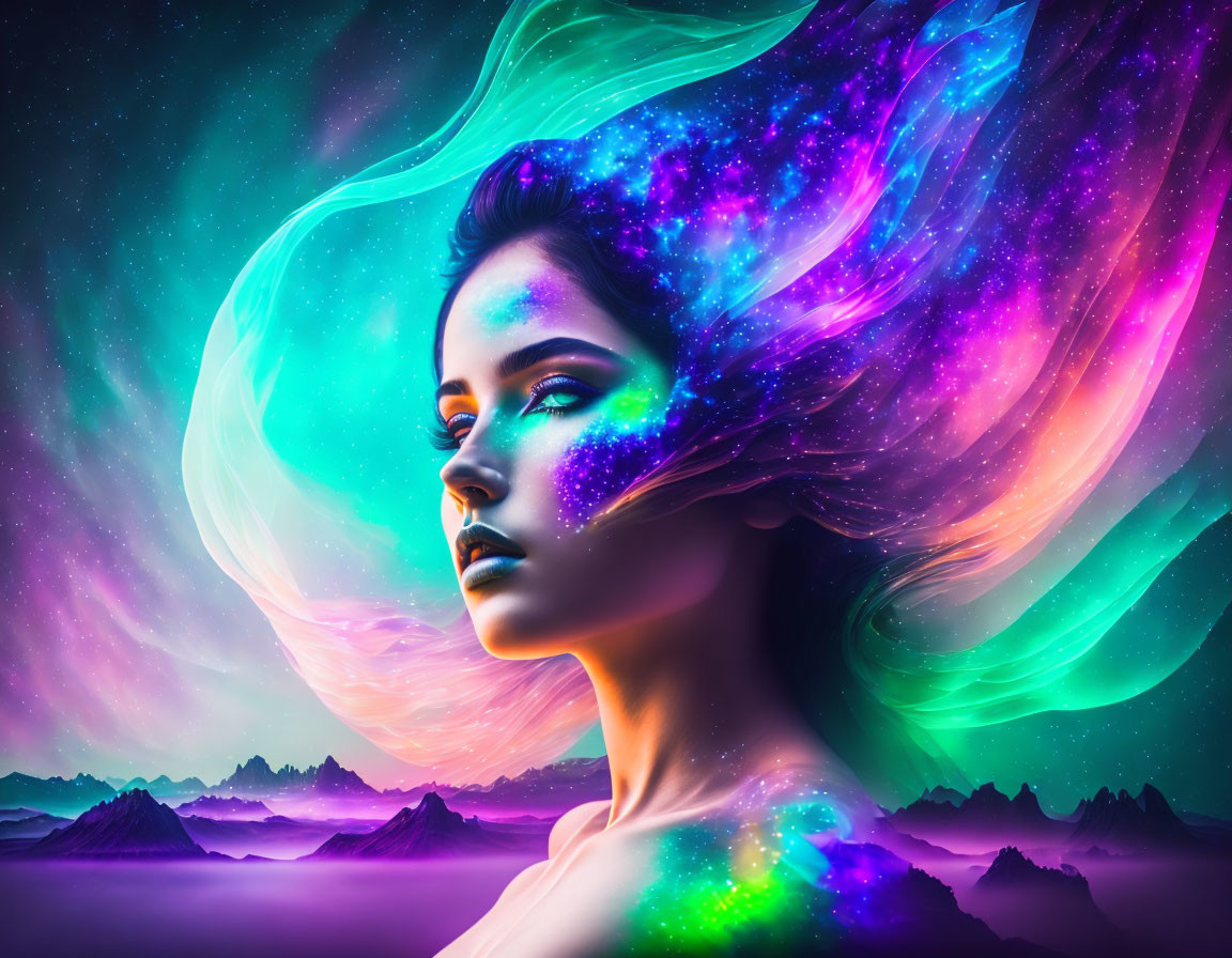 Vivid galaxy-themed woman portrait against mountain backdrop