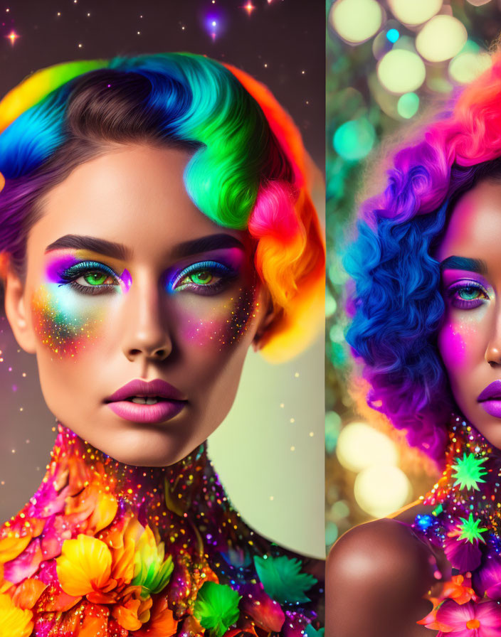 Vibrant Rainbow Hair Portraits with Colorful Makeup and Flowers