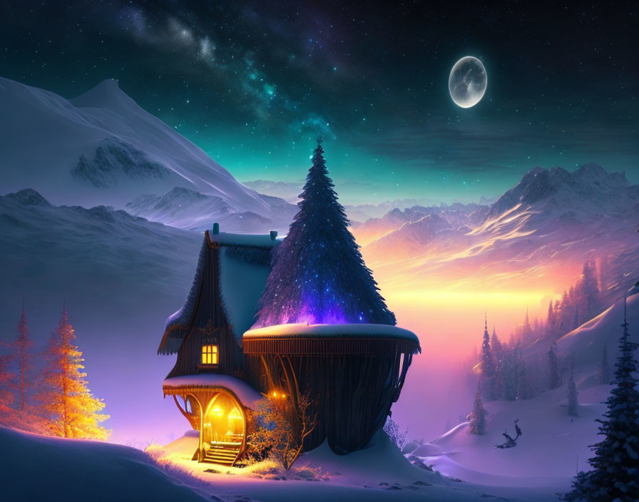 Whimsical cottage in snowy landscape with glowing yellow door