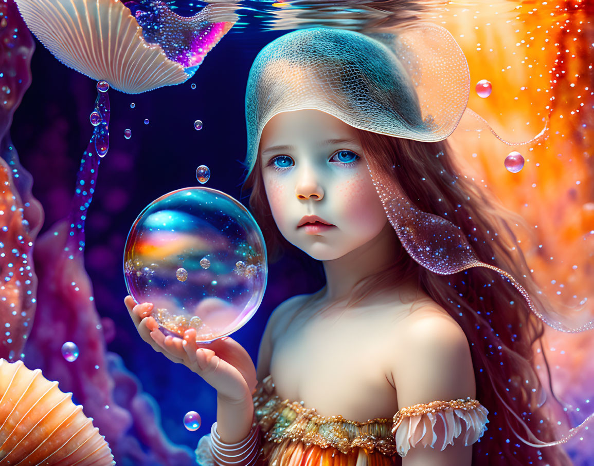 Young girl with translucent headpiece holding glowing bubble underwater amid colorful coral.