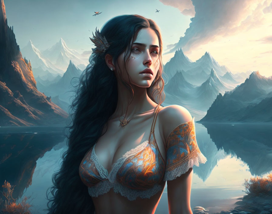 Fantasy artwork: Woman with dark hair in mountain landscape