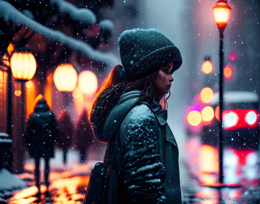 Person in winter clothing on snowy street at night with street lamps and bokeh lights