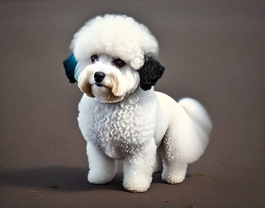 Fluffy white dog with black ears and blue bow on grey surface