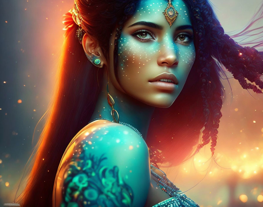 Blue-skinned female portrait with sparkling tattoos and intricate jewelry on warm background