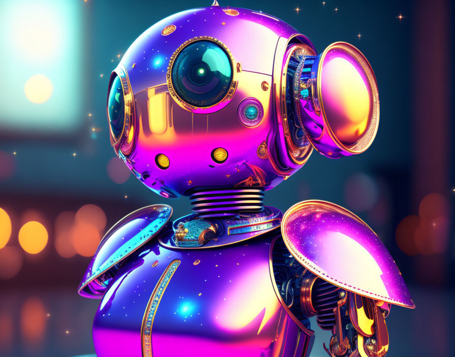 Colorful Stylized Robotic Figure in Vibrant Purple and Blue Hues on Bokeh Light