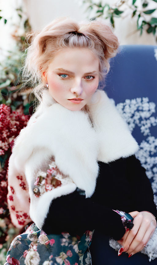 Woman with stylish updo and blue eyes in white fur shawl and floral dress against flower backdrop