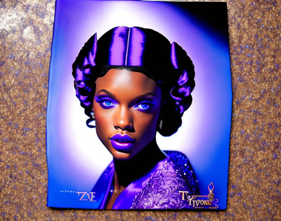 Stylized digital art: Blue-skinned woman in purple outfit