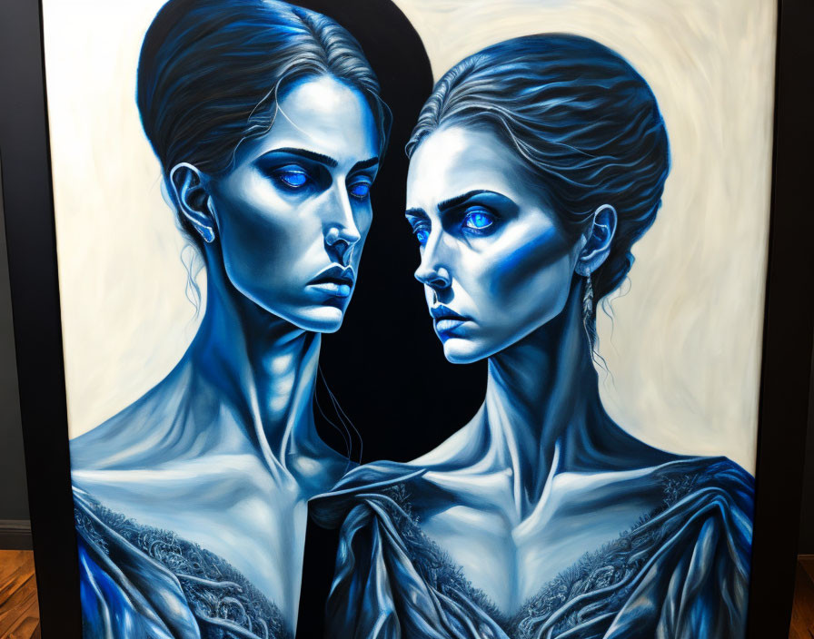 Two women in surreal style with blue accents, standing back-to-back.