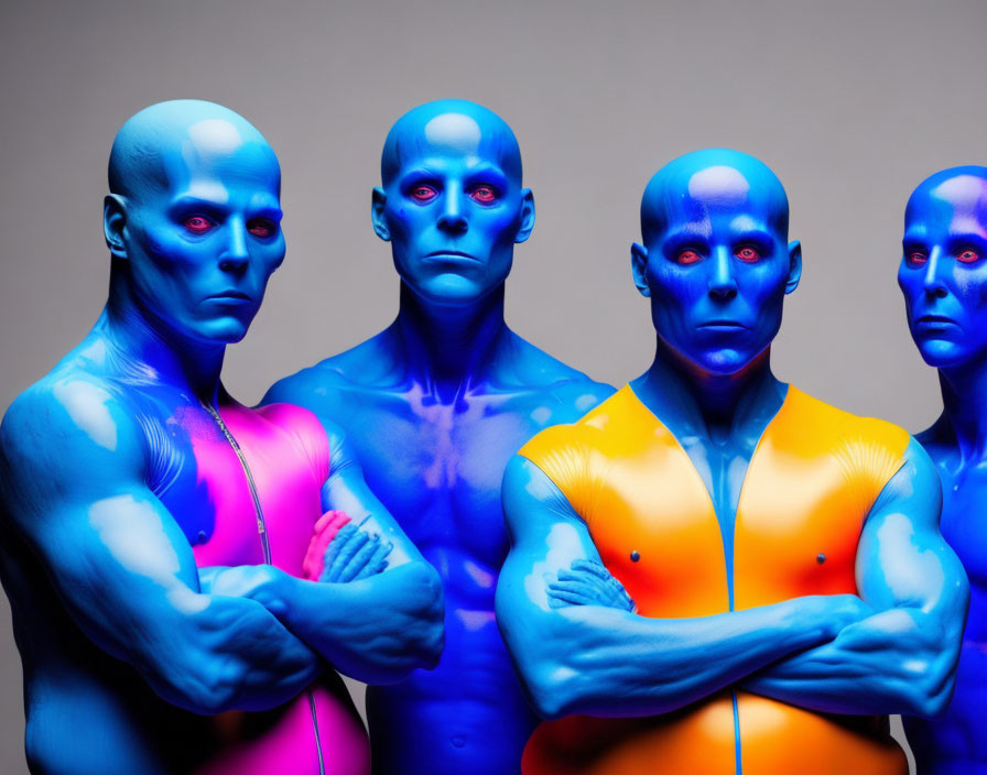 Four people with blue-painted skin in blue and orange attire against grey background