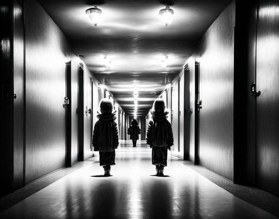 Monochrome image: Child mirrored in dimly lit corridor with figure in distance