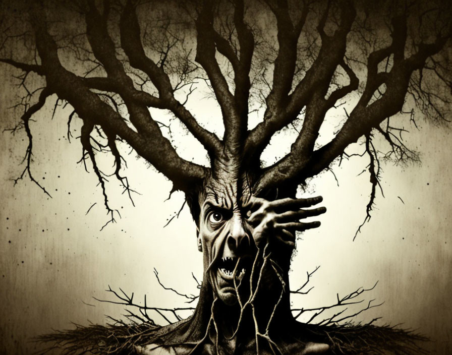 Surreal image of person with tree growing from head on sepia backdrop