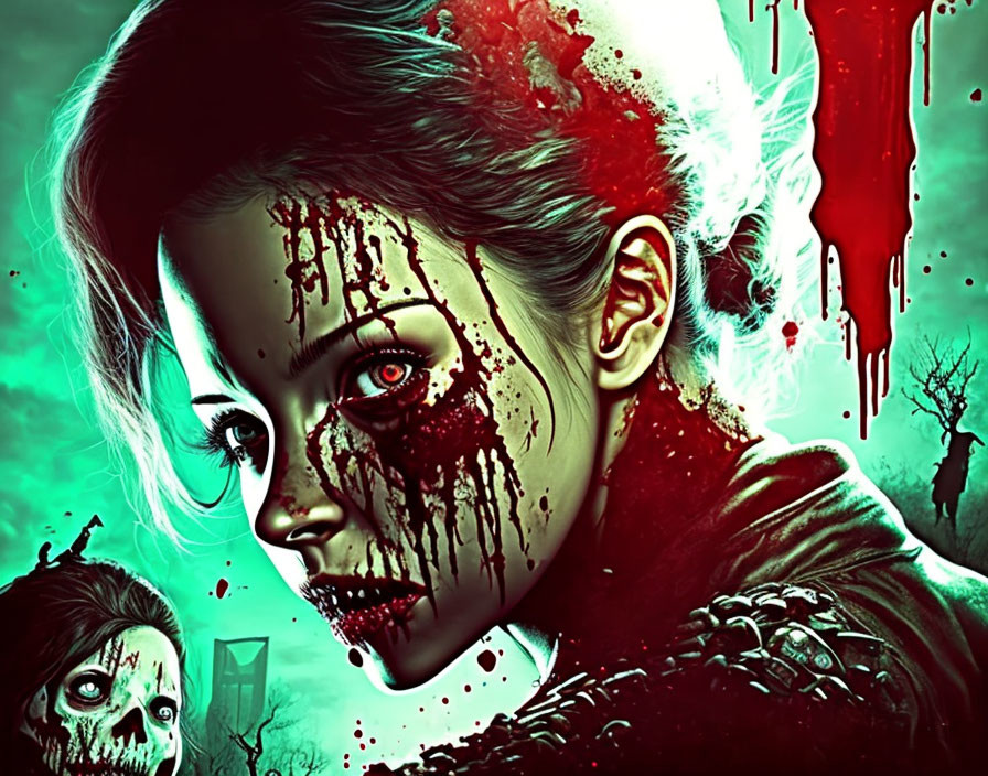 Digital artwork featuring woman with blood-splattered face, surrounded by eerie figures in greenish atmosphere.