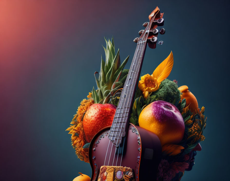Colorful Fruits and Flowers Surround Violin on Gradient Background