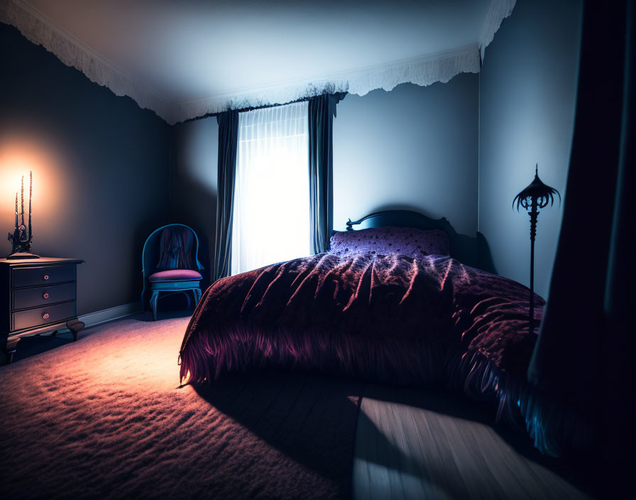 Dimly lit bedroom with plush purple bedspread, wooden nightstand, and elegant white curtains.