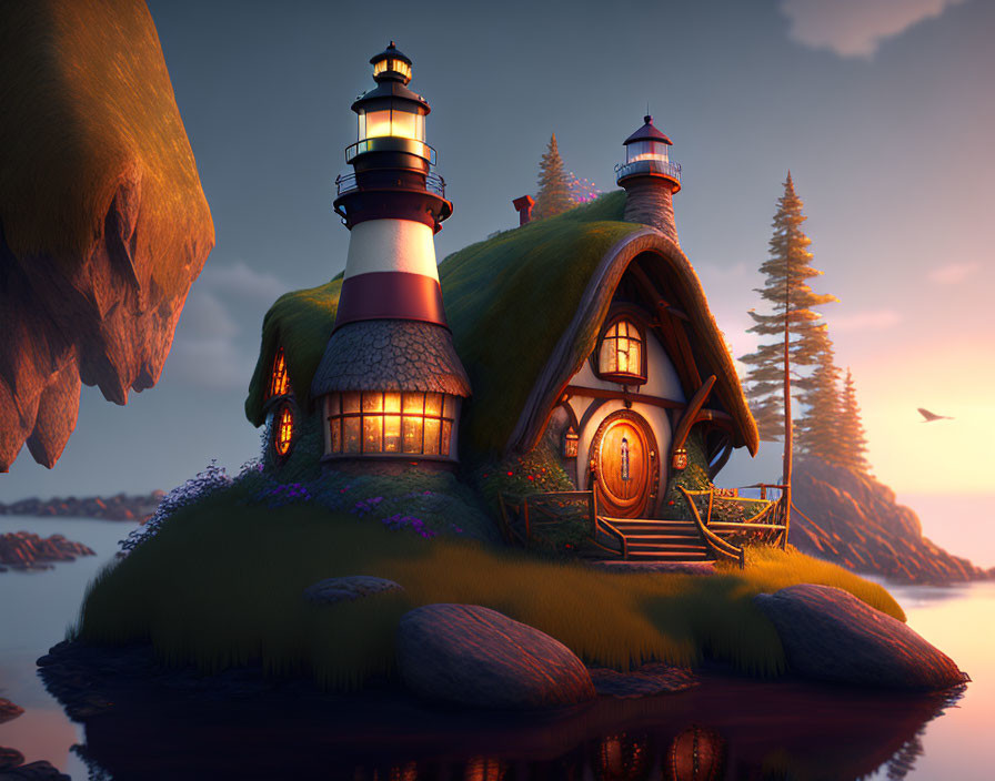 Seaside Cottage with Integrated Lighthouse at Twilight
