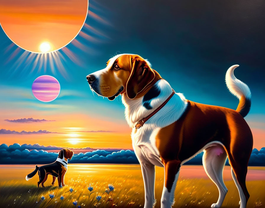 Two beagle dogs in a field under surreal suns.