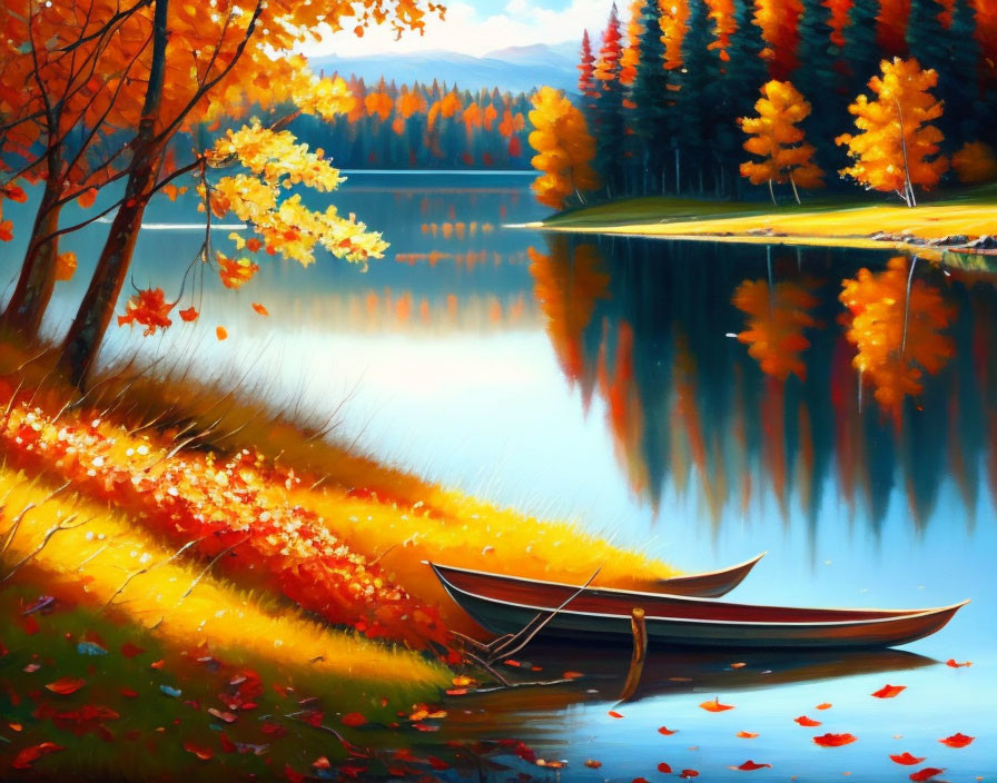 Tranquil autumn lake scene with boat and vibrant trees