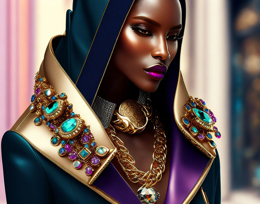 Illustrated portrait of woman with striking makeup and luxurious golden jewelry