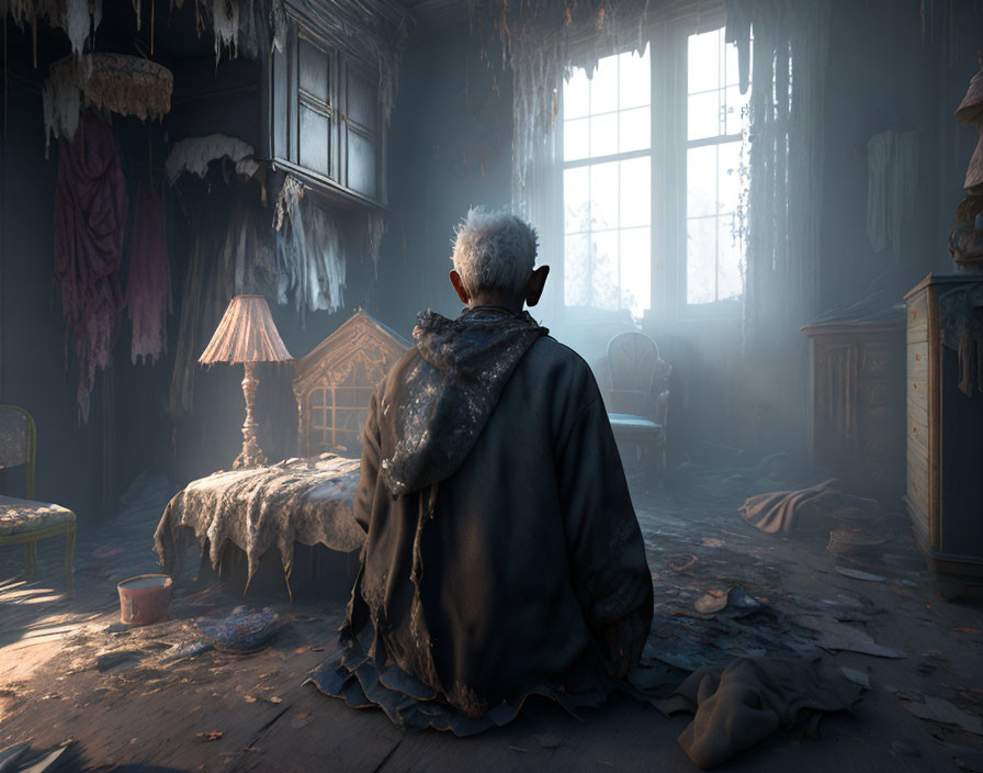 Cloaked figure in dusty room with sunlight streaming through window