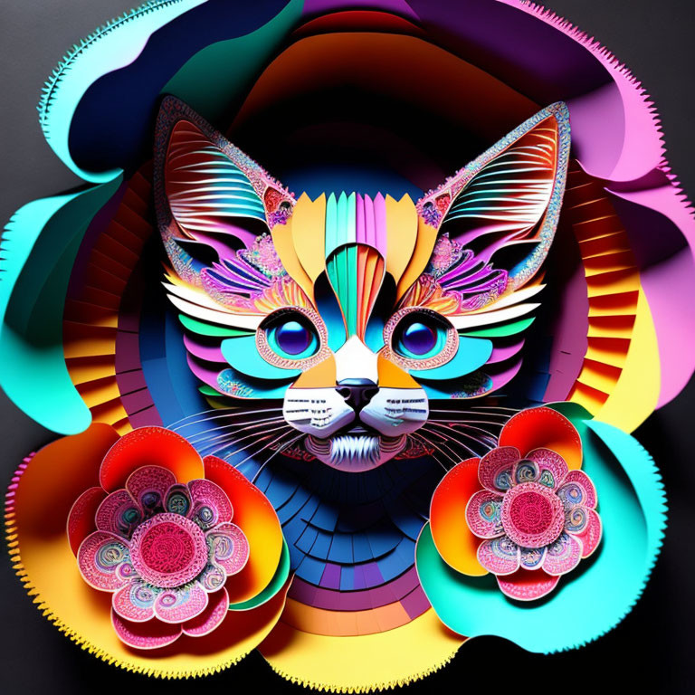 Colorful Abstract Cat Face Artwork with Floral Motifs on Dark Background