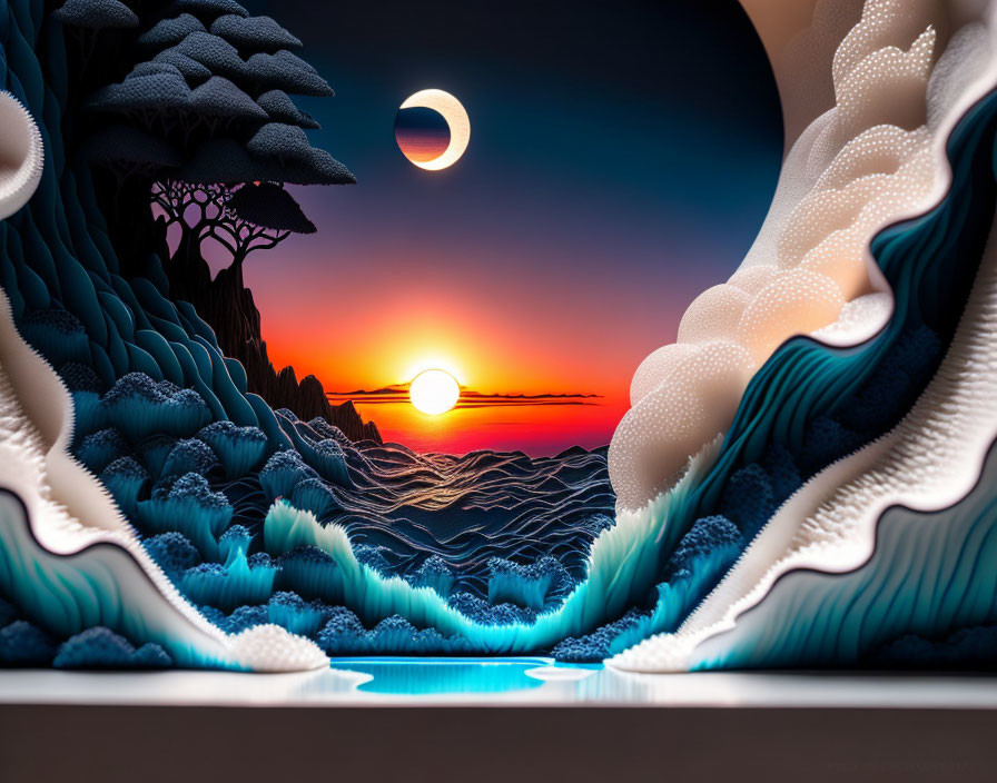 Layered Paper Art: Ocean Waves, Tree, Sunset & Moon