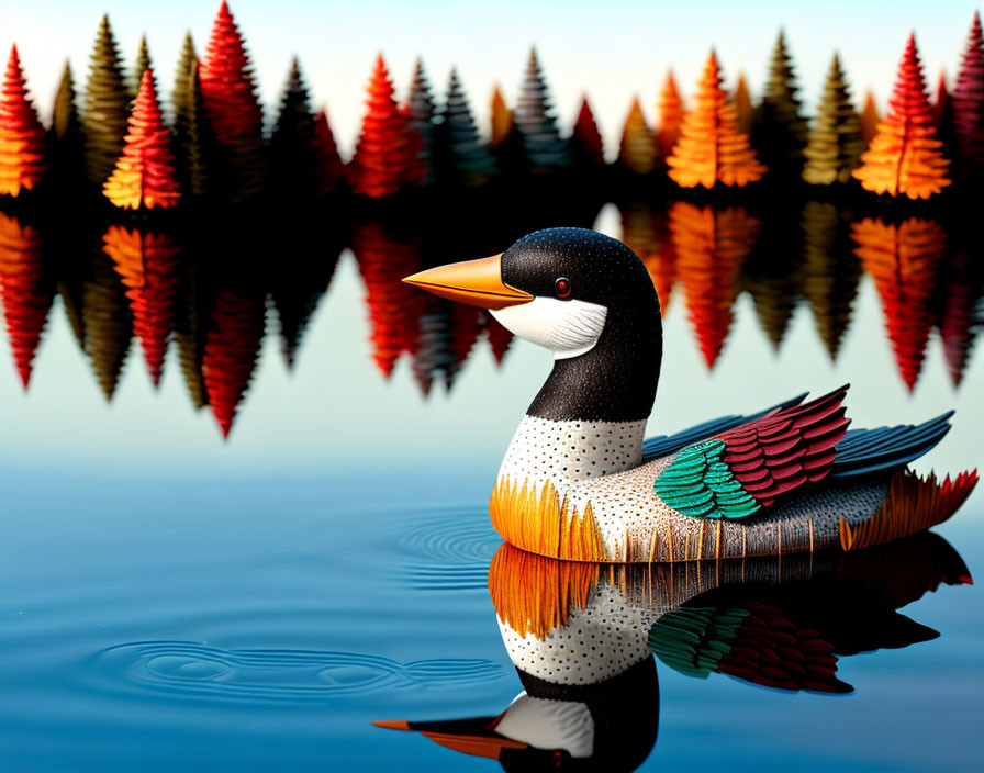 Colorful Wooden Duck Decoy Floating on Calm Water with Vibrant Conifer Tree Reflection