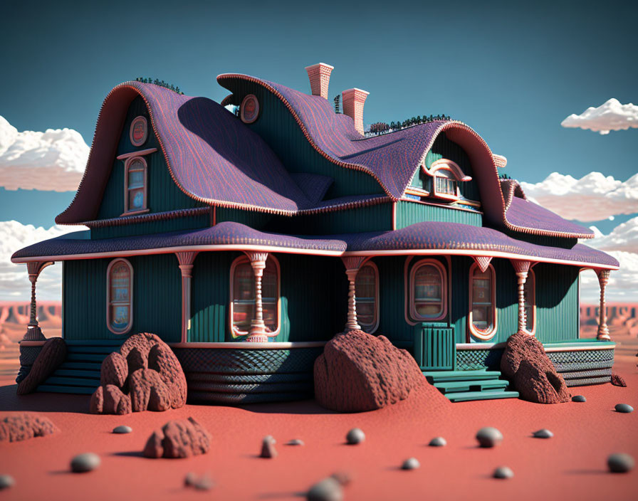 Whimsical cartoon-style house in desert landscape