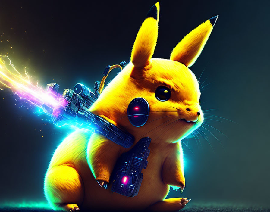 Stylized Pikachu with futuristic guns and electric effect