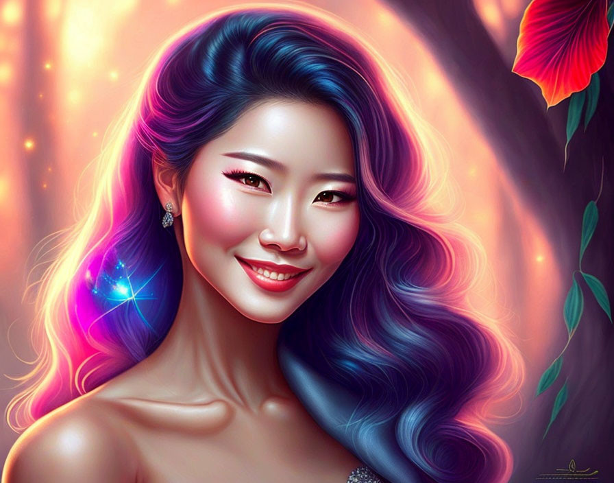 Vibrant digital artwork: Smiling woman with rainbow hair in cosmic setting