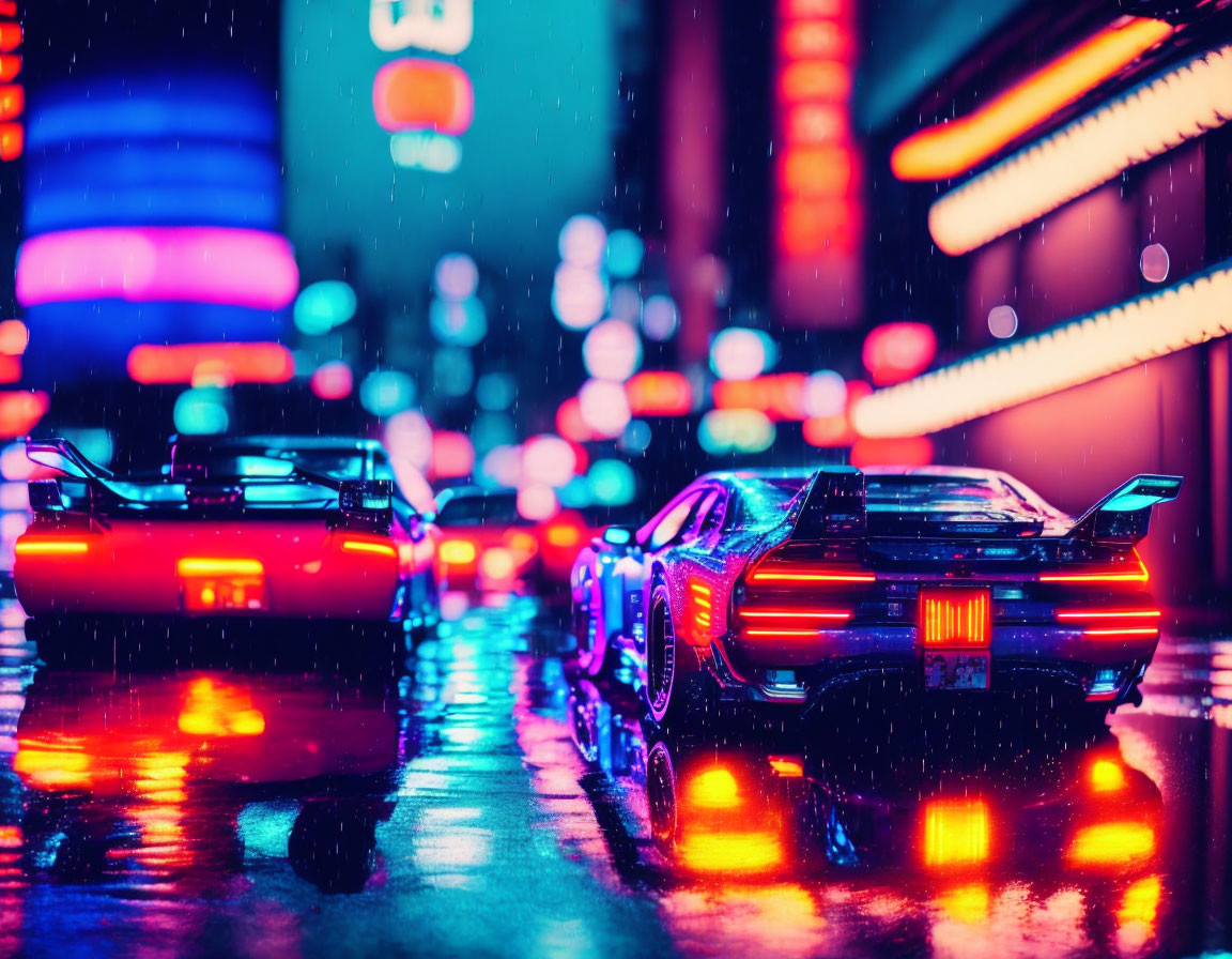 Futuristic cars with neon lights on wet city street at night