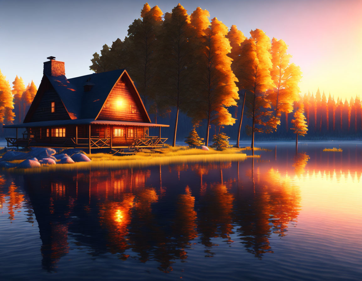 Tranquil lakeside cabin at sunset with warm light and autumn trees